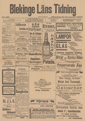 Löpsedel / förstasida från Blekinge Läns Tidning, Karlskrona (1900)