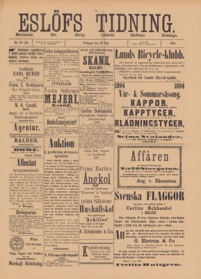 Löpsedel / förstasida från Eslövs Tidning (1894)