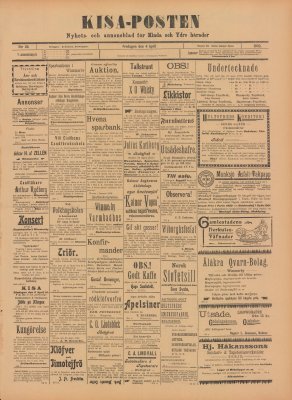 Löpsedel / förstasida från Kisa - Posten, Östergötland (1902)