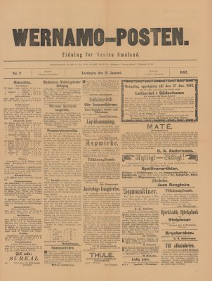 Löpsedel / förstasida från Värnamoposten (1892)